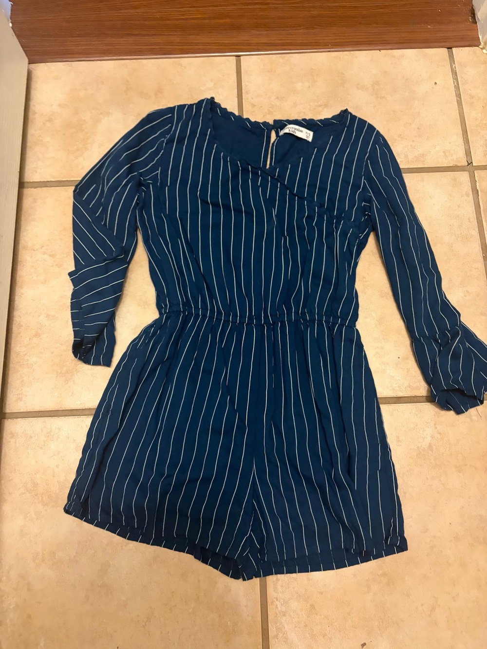 Girls' Abercrombie kids Navy Blue teal Pinstripe Long-Sleeve Romper